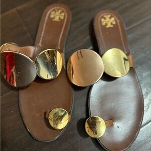 Tory Burch Gold and Brown Slide Sandals